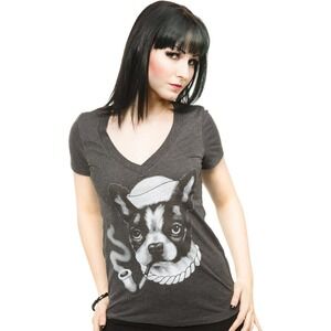 Black Market Art Women's Smokey Dog Pipe Tattoo Art V-neck Tee Size L